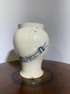 Albarello antigo, vaso de farmácia, meados do século XIX, Unguento Populeo, a 20 cm, l 15 cm